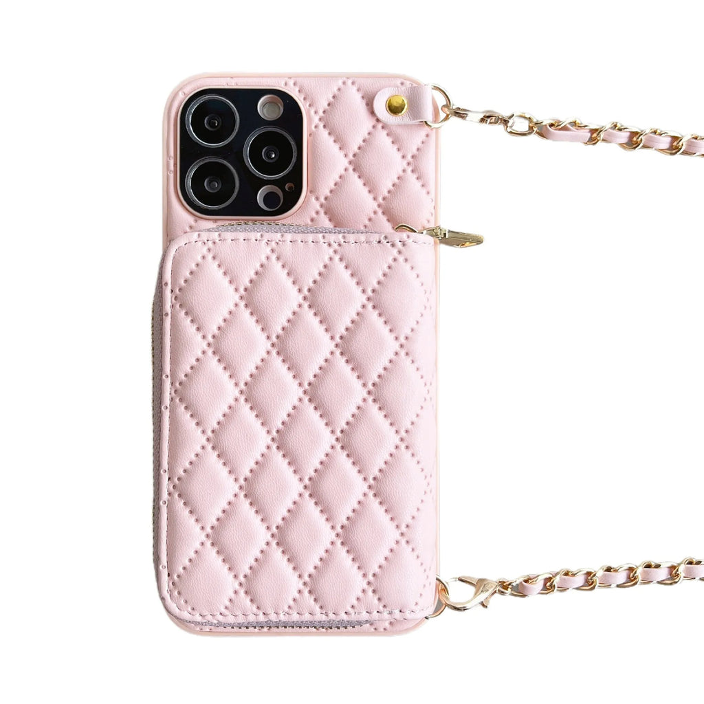 Lambskin phone case with rhombic pattern, card holder, and chain in white for Apple iPhone