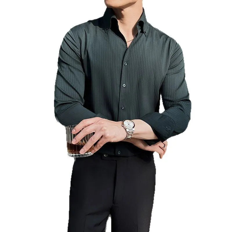 Men's dark stripes V-neck long sleeve cardigan shirt in chemical fibre blend fabric