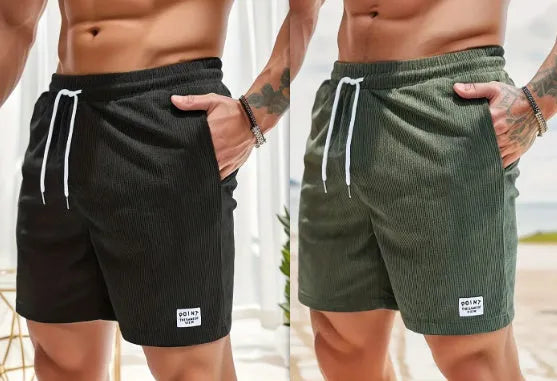 Mens lace-up drawstring corduroy sports shorts in army green and black, front view, straight-leg fit