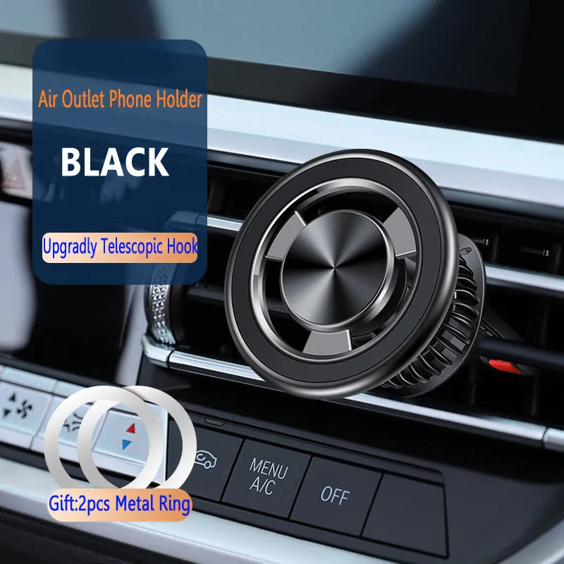Air outlet snap on mobile phone holder car magnetic suction bracket silver and black alloy ABS construction