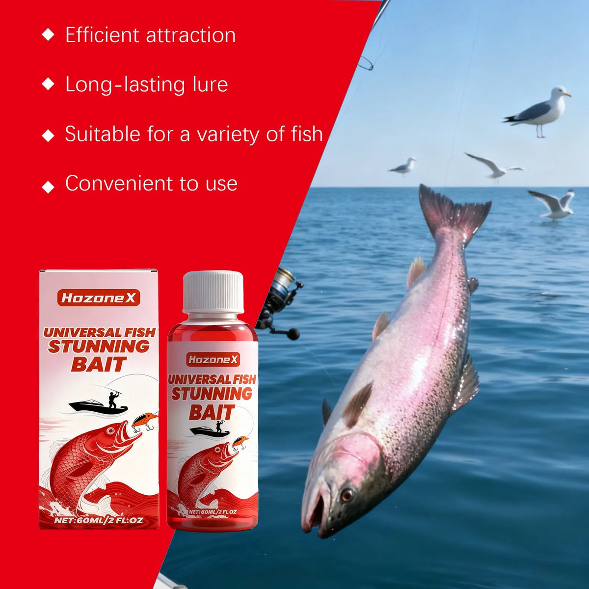 Universal Fish Stunning Bait 60ml liquid bottle with fish attractant label for fishing