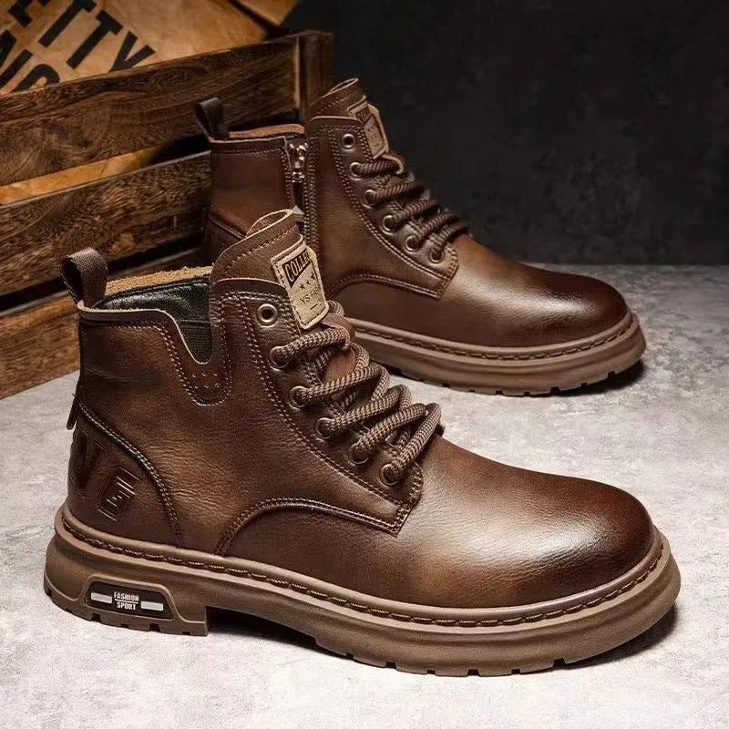 Retro British style Martin ankle boots for men round toe solid colour artificial PU leather black brown sizes 39-44