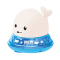 Grey or white whale bath toy floating in water with LED lights and water spray fountain