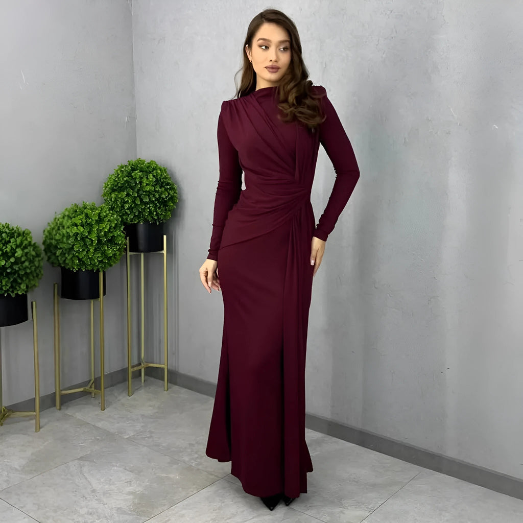 Long sleeve fitted waist pleated long dress in solid colour high waist one-step style