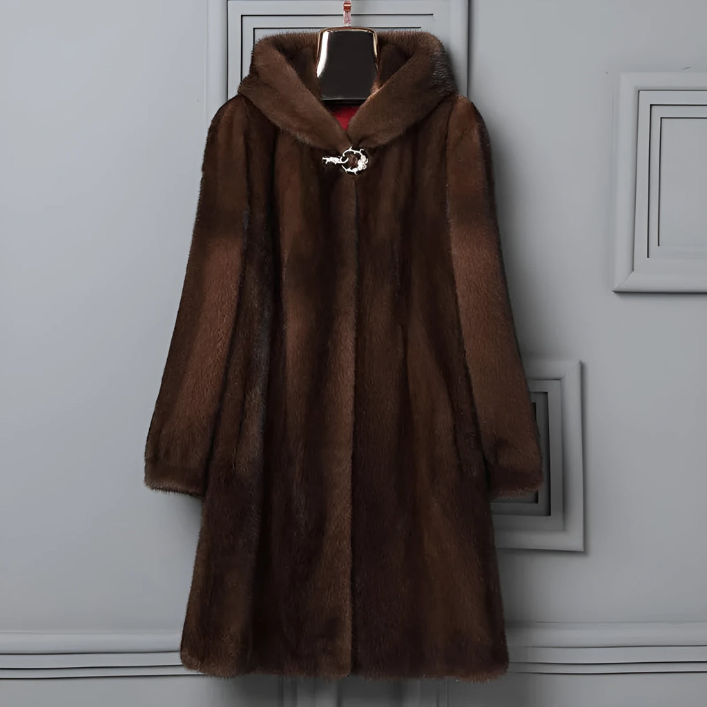 Women's long black faux fur hooded coat for autumn winter street fashion