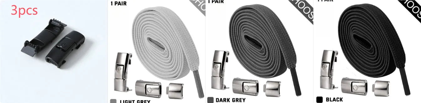 Pair of black 8mm wide flat press lock elastic shoelaces for no-tie fastening on sneakers