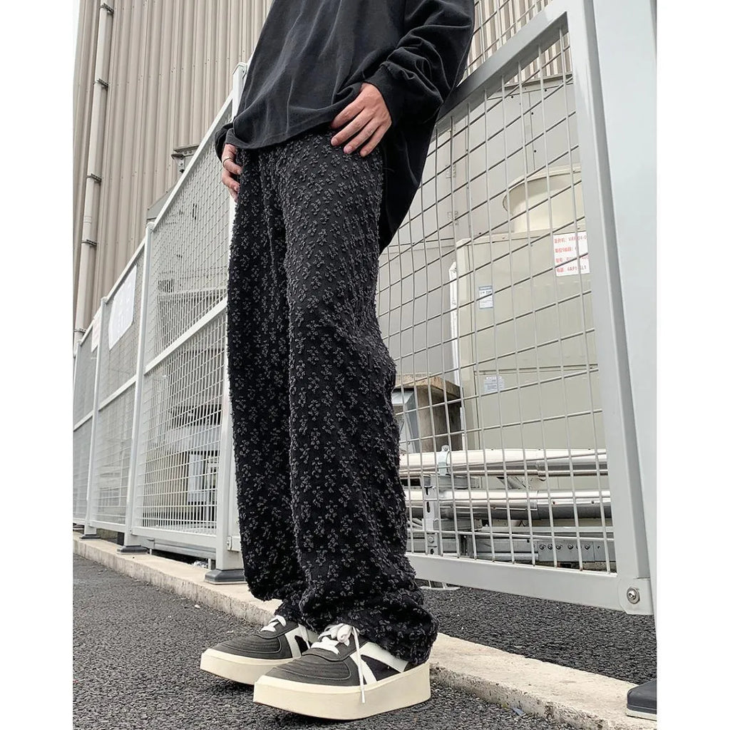 Black jacquard full-print denim jeans for men, casual streetwear long pants with button fly
