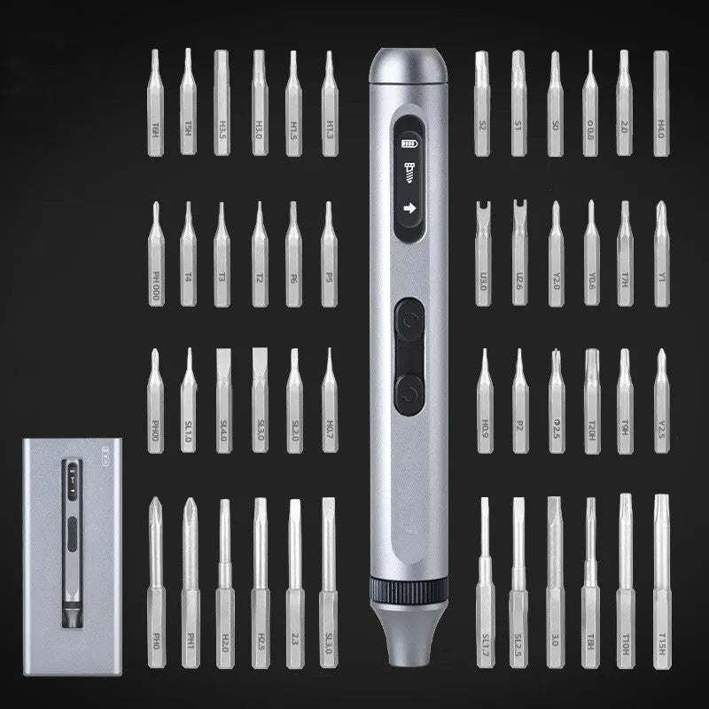 Compact aluminium alloy electric screwdriver with high torque, shown with its bits.