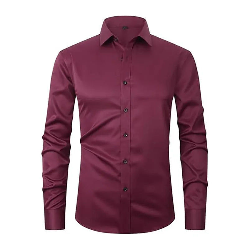 Men's stretch polyester long sleeve work shirt shown in a colour option, laid flat to show design.