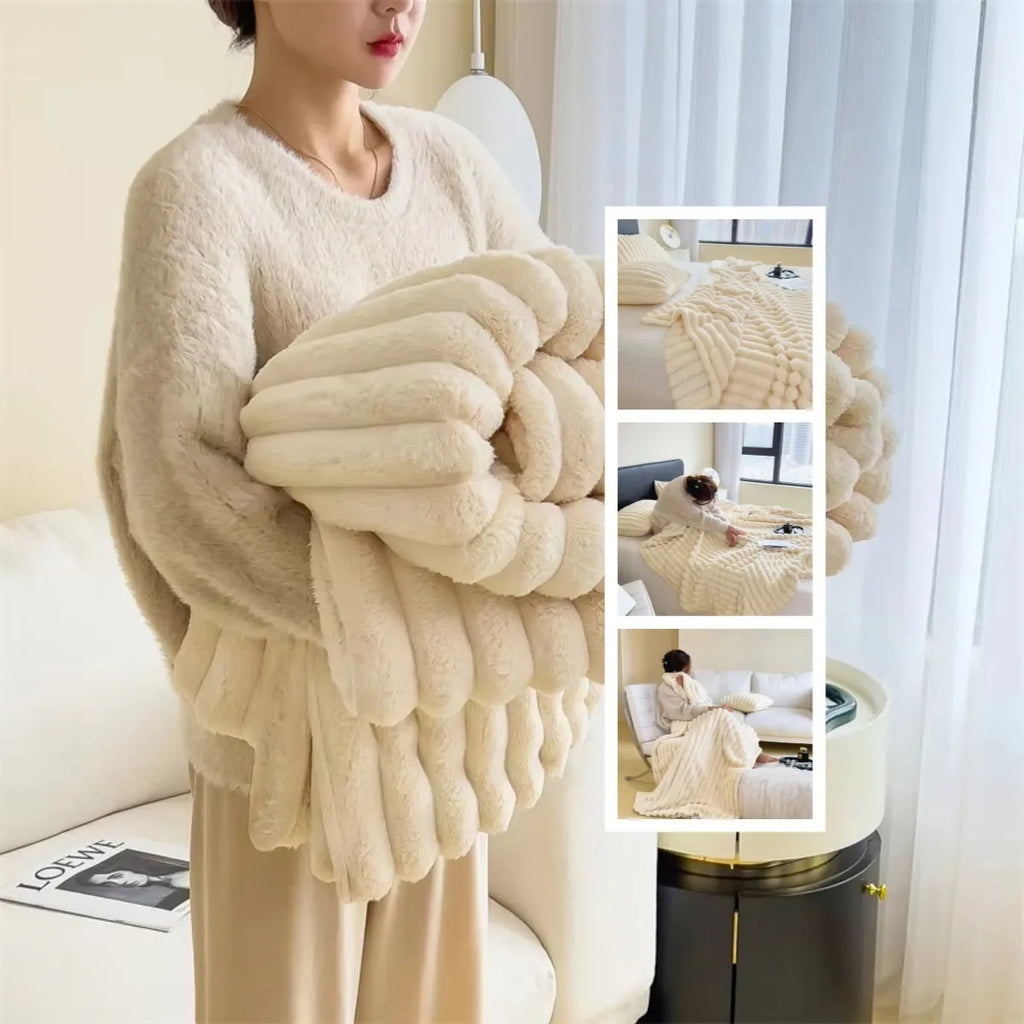 Soft Wind double-sided thickening bubble velvet faux rabbit fur blanket in solid colour