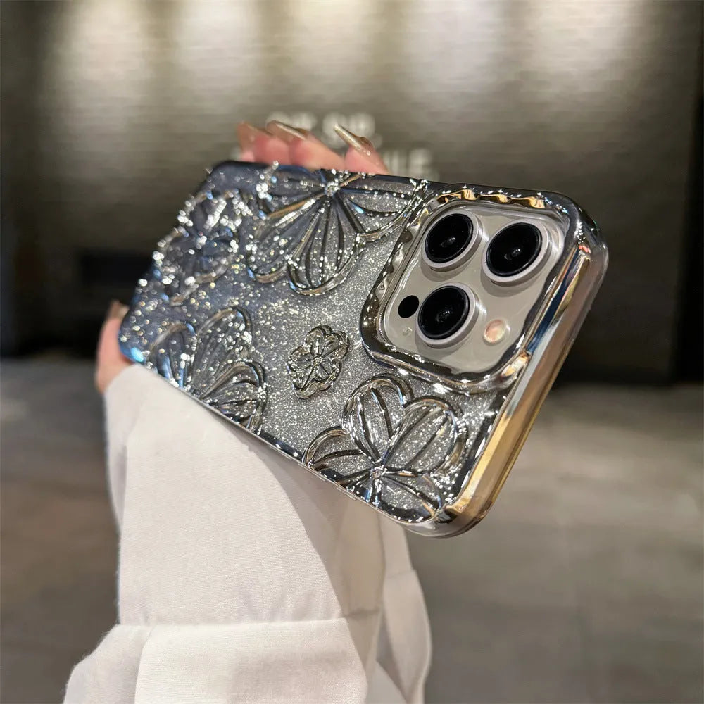 Electroplating glitter flower TPU soft shell phone case for Apple iPhone with silver pink blue black gold purple colour options