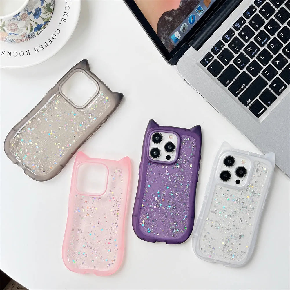 Three-dimensional cat ears epoxy glitter TPU phone case for Apple iPhone in pink with glitter accents