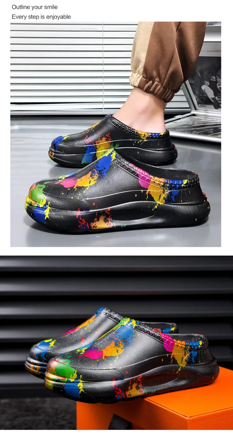 Men's black platform work shoes with toe cap design and EVA construction for waterproof protection