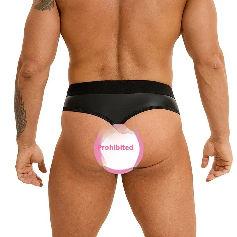 Black PU leather men's plus size sexy briefs on a model