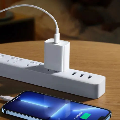 White PD20w 20W USB Type-C charger with 1 metre Lightning cable on white background
