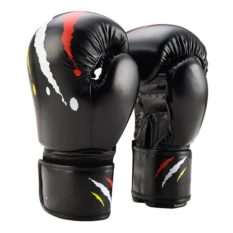 Pair of boxing training gloves with latex padding for wrist and palm protection, available in black, red, and white