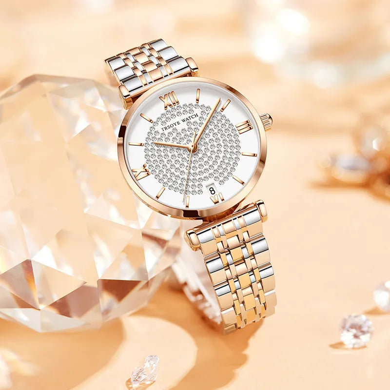 Starry women's quartz watch with 33mm dial, alloy strap, mineral glass mirror, and butterfly clasp on white background