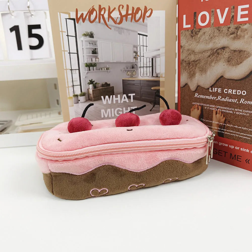 Cherry Cake velvet plush pencil bag with Korean style design and zipper closure