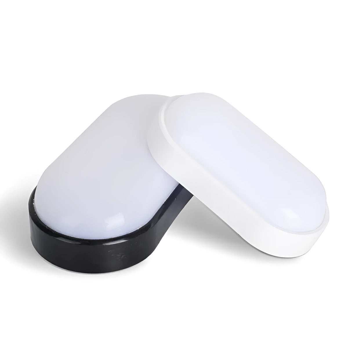 Black oval LED wall light surface mounted on a porch with warm white illumination