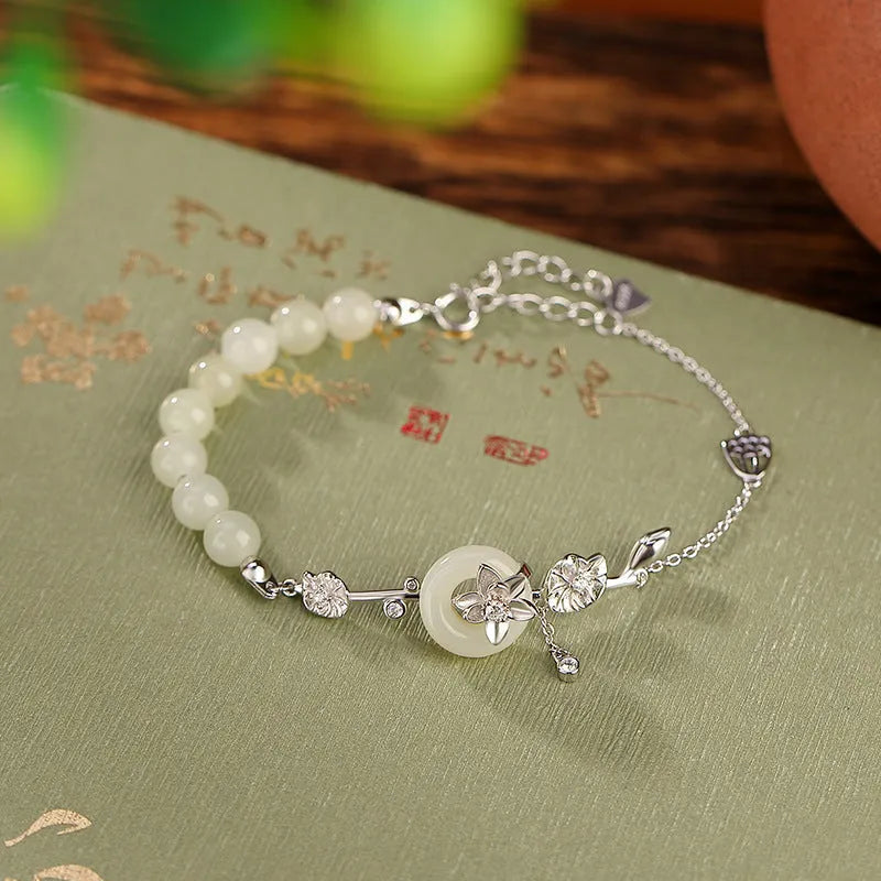 925 silver lotus peace buckle bracelet with Hetian jade inlay on wrist
