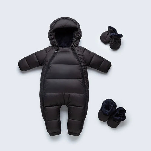 Baby down jacket jumpsuit in bear print with hood, gloves, and shoes for winter