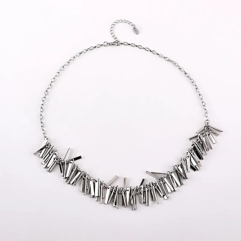 Silver electroplated geometric square tassel necklace with iron pendant and pure copper tassel on adjustable 31-40cm clavicle chain