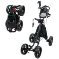 Foldable aluminium alloy golf trolley with black frame and red EVA wheels on grass