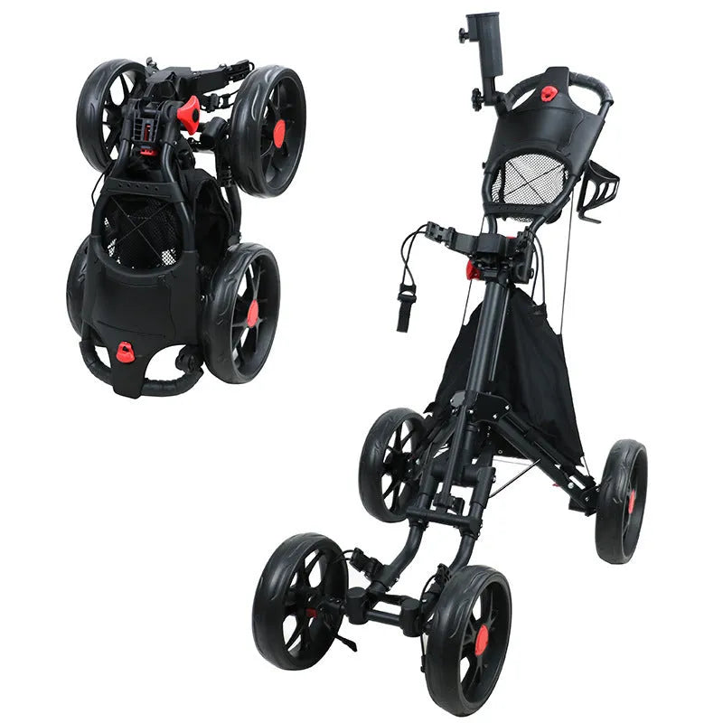 Foldable aluminium alloy golf trolley with black frame and red EVA wheels on grass