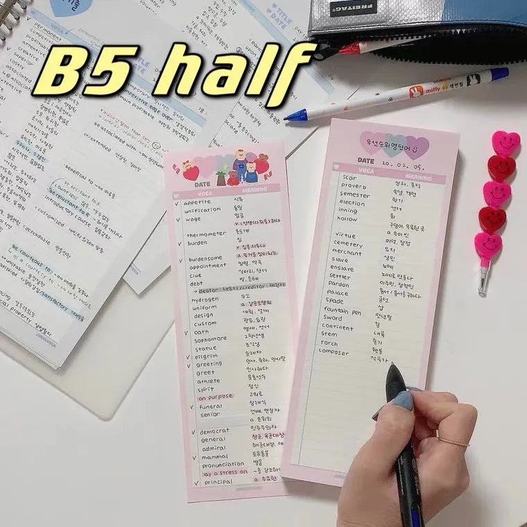 B5 half-size notepad with English word printing, available in blue, pink, or purple cover colours