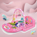 A blue baby fitness frame with a pedal piano and hanging toys for infant development.