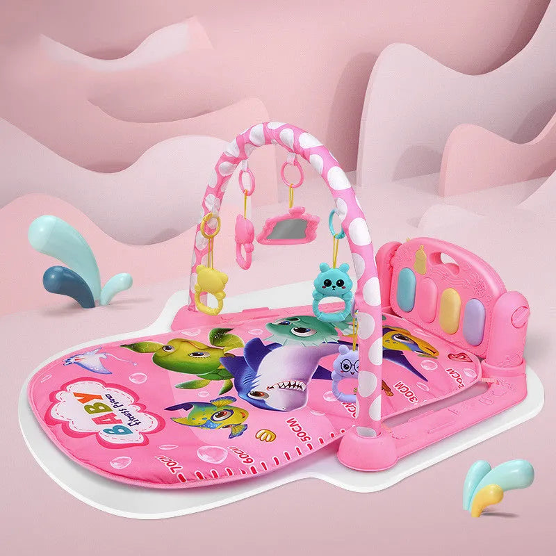 A blue baby fitness frame with a pedal piano and hanging toys for infant development.