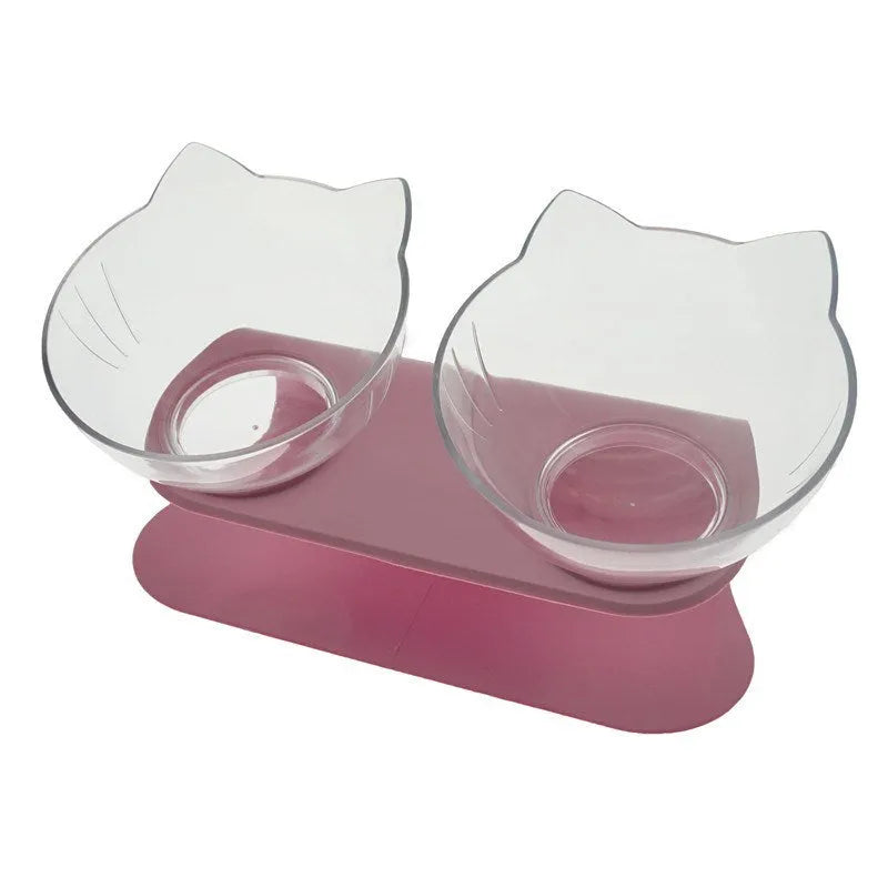 Non slip double cat bowl with raised stand transparent plastic pet feeder for dogs and cats