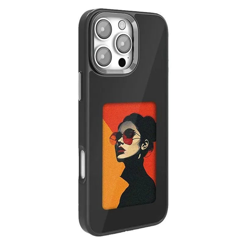 NFC four-colour E-ink screen AI projection phone case for iPhone, soft TPU composite board anti-fall cover in black with tulip design