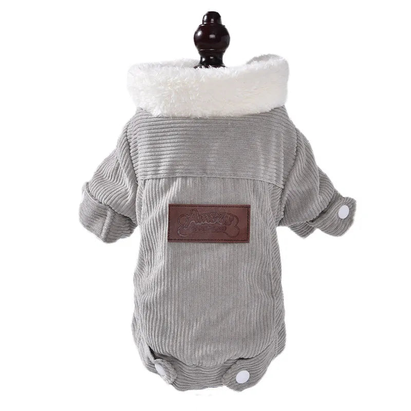 Grey lambswool dog vest with fleece lining for winter warmth, shown on a model dog.