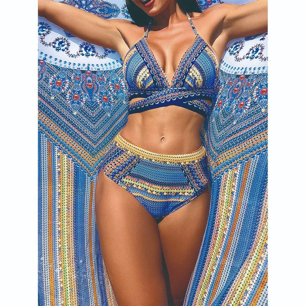 Women's blue cross bandage bikini top with high-waist split-side briefs from three-piece swimsuit set