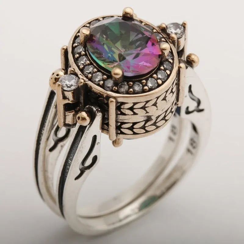 925 Silver Bi-color geometric alloy ring in white finish on white background