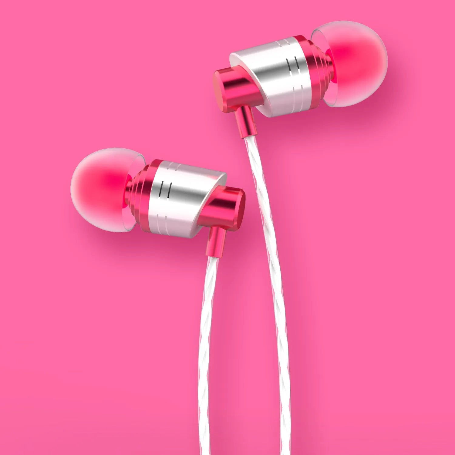 Black wired in-ear headphones with 3.5mm plug, in-line microphone, and silicone ear tips on a white background.