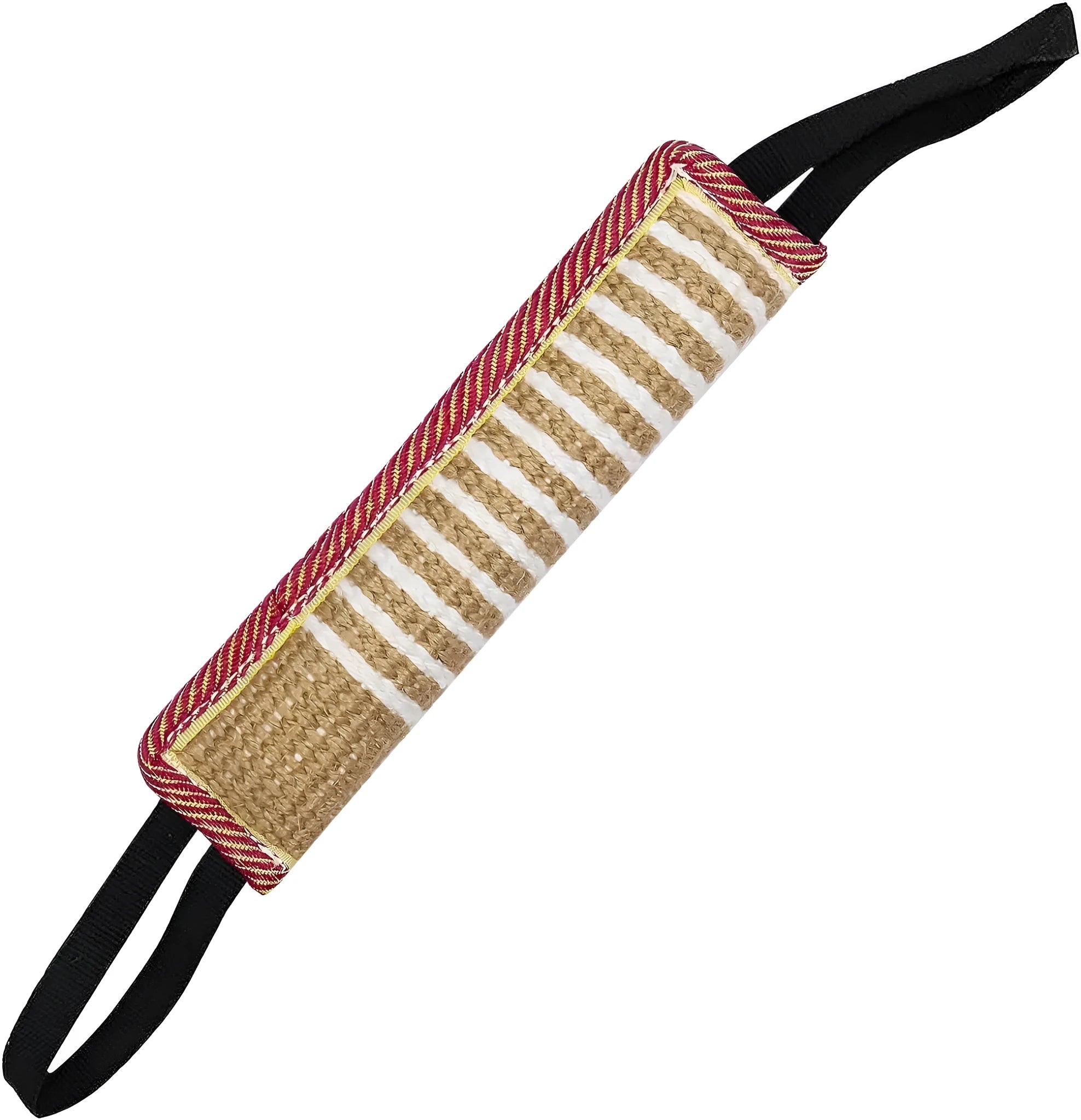 Beige jute dog tug toy with two handles measuring 30cm long for interactive training play