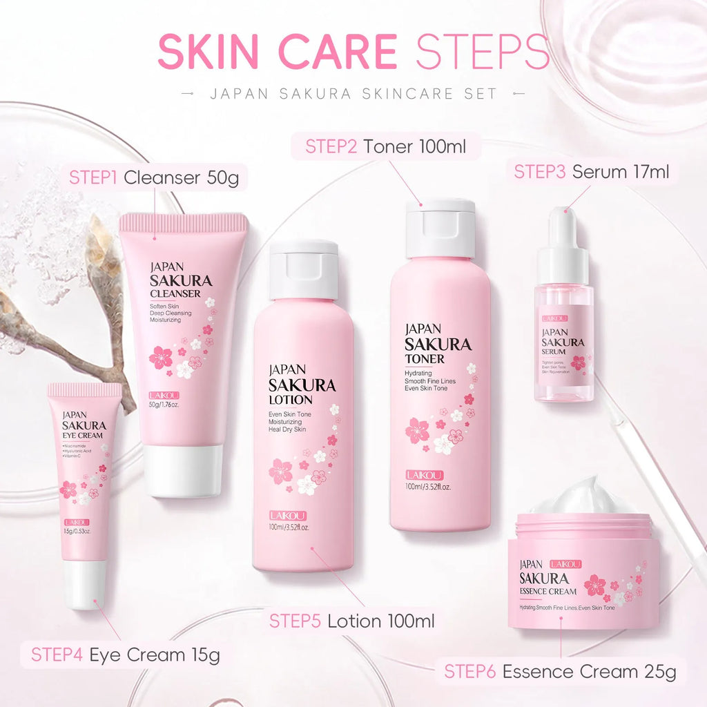 Cherry Blossom six-piece skincare set showing cleanser, toner, cream, essence, eye cream and essence cream