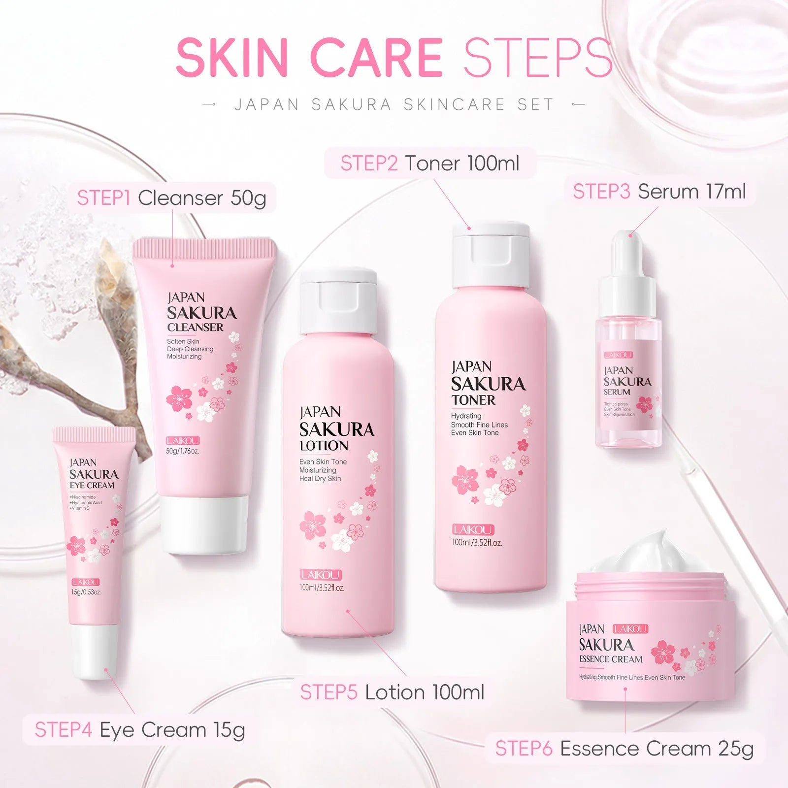 Cherry Blossom six-piece skincare set showing cleanser, toner, cream, essence, eye cream and essence cream