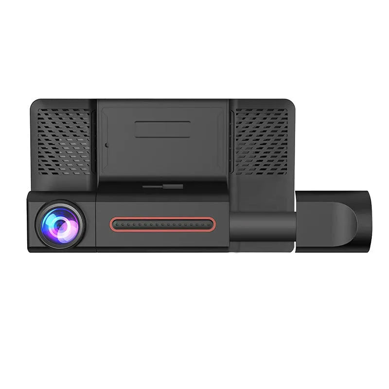 Black car dashcam with 4-inch touchscreen display showing dual camera view, mounted on a car windscreen.