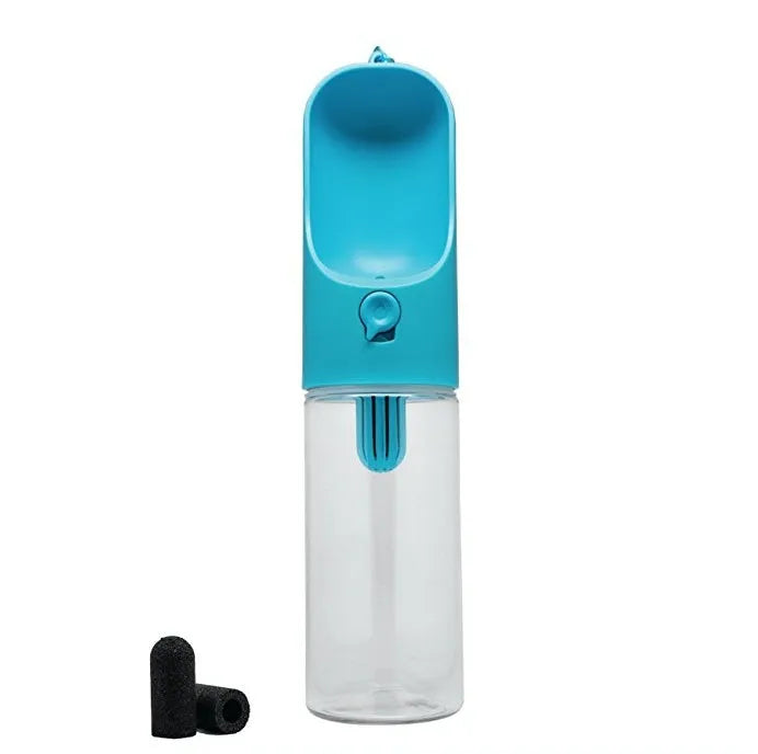Portable dog travel drinking fountain 400ml with filter element in blue color