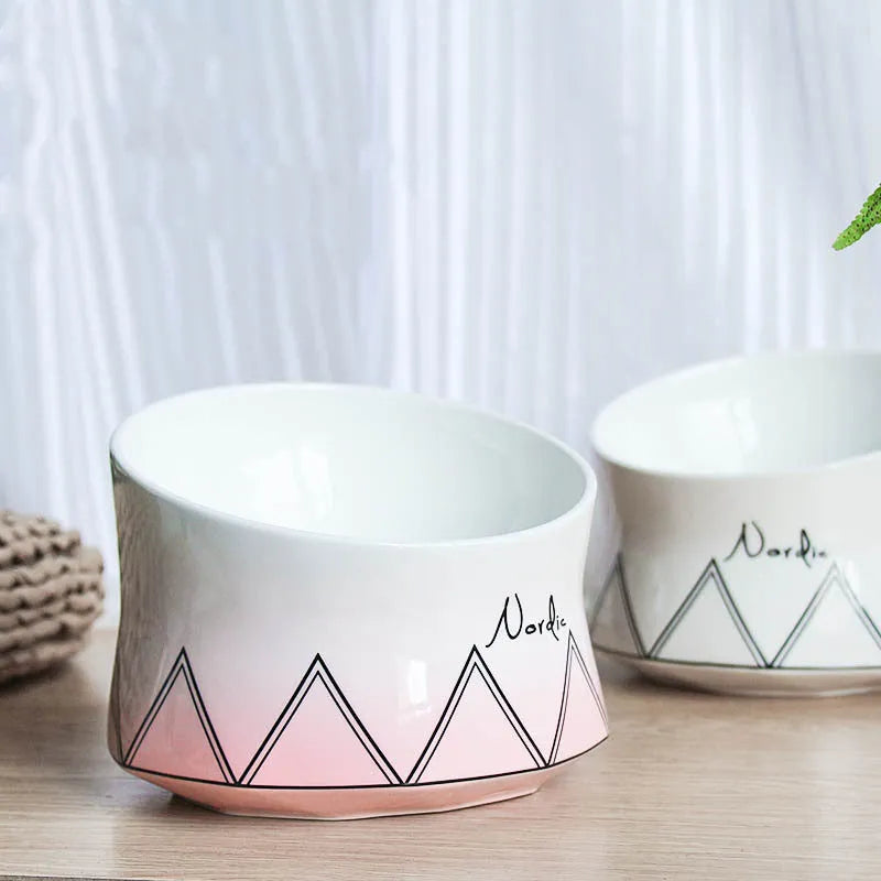 Nordic ridged ceramic pet bowl for cats and dogs, 16x16x12cm, grey pink or white