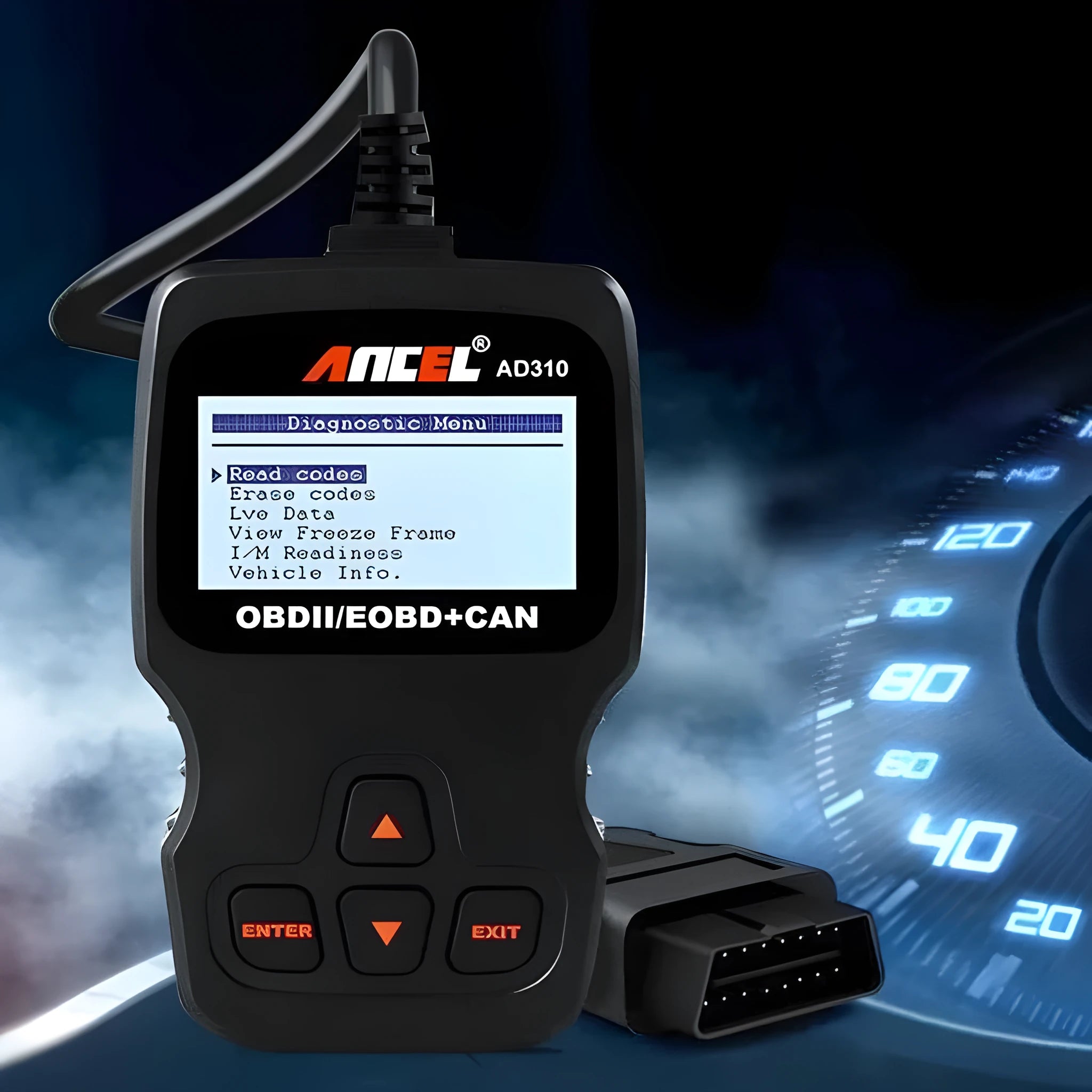Black universal OBD2 car diagnostic scanner with engine fault detection capability
