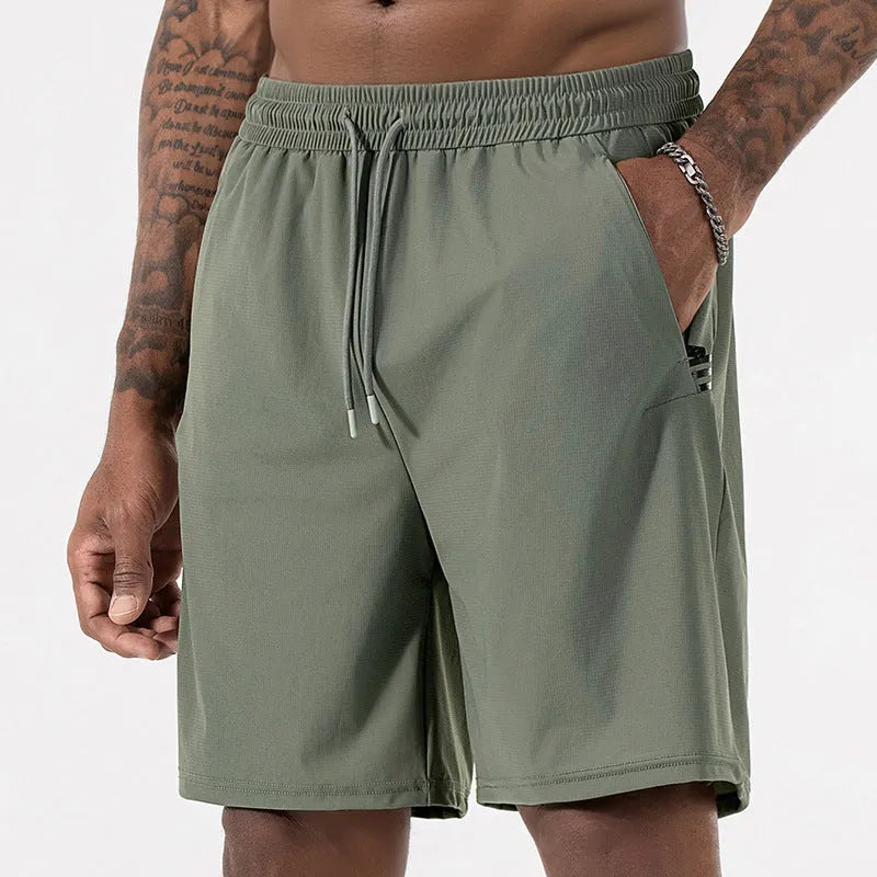 Men's black ice silk quick-dry sports shorts with a drawstring high waist, shown in a size XL.