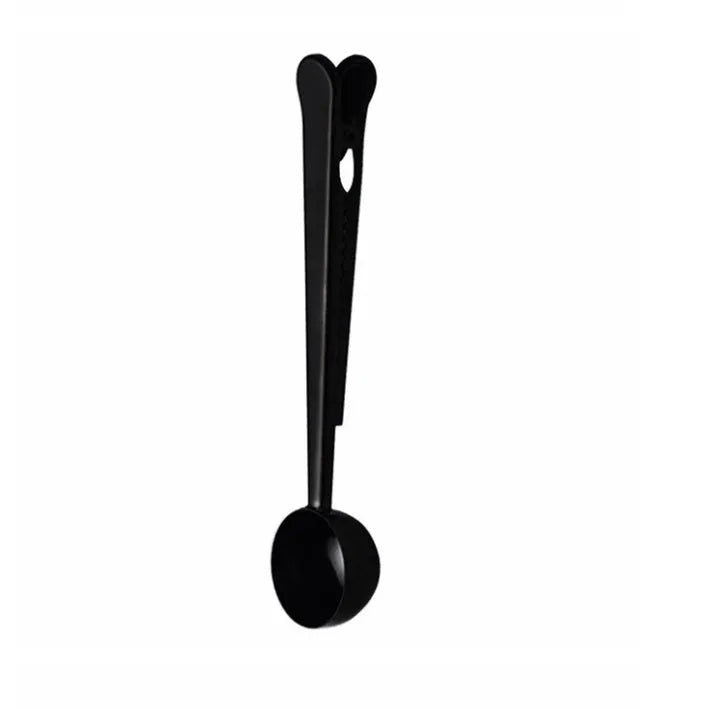 Stainless steel coffee clip spoon showing scoop and bag clip design, 17.5 cm long.