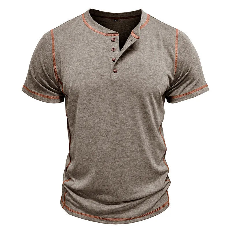Men's short sleeve polo shirt summer solid colour cotton blend button top khaki