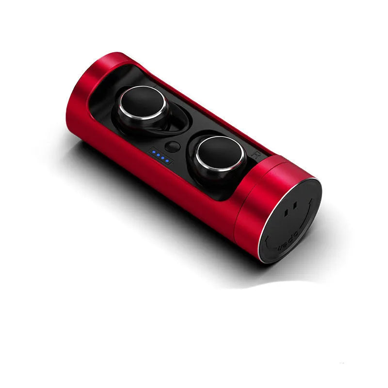 Single-ear Bluetooth 5.0 wireless headset with charging case, shown in dark grey, red, and silver colour options.