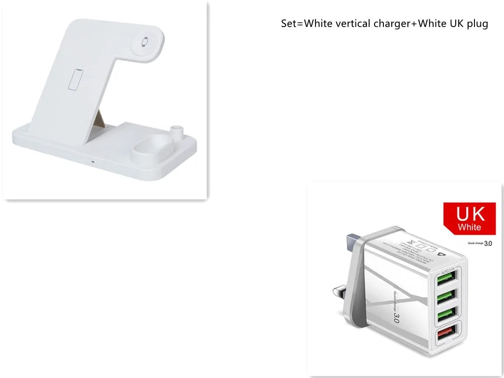 Black 4-in-1 wireless charging station with phone on adjustable stand, Apple Watch, and AirPods charging.