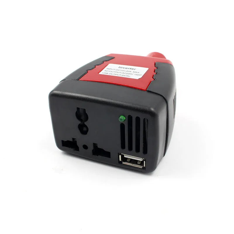 Black and red 150W car inverter converting 12V DC to 110V AC with USB port
